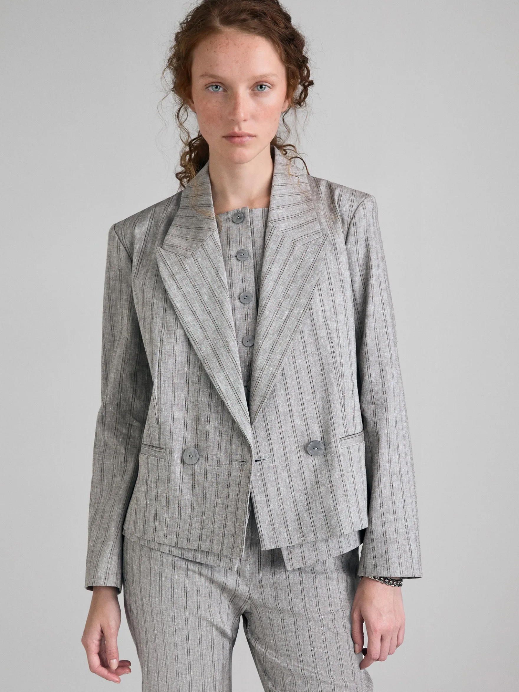 Blazer a righe in misto lino