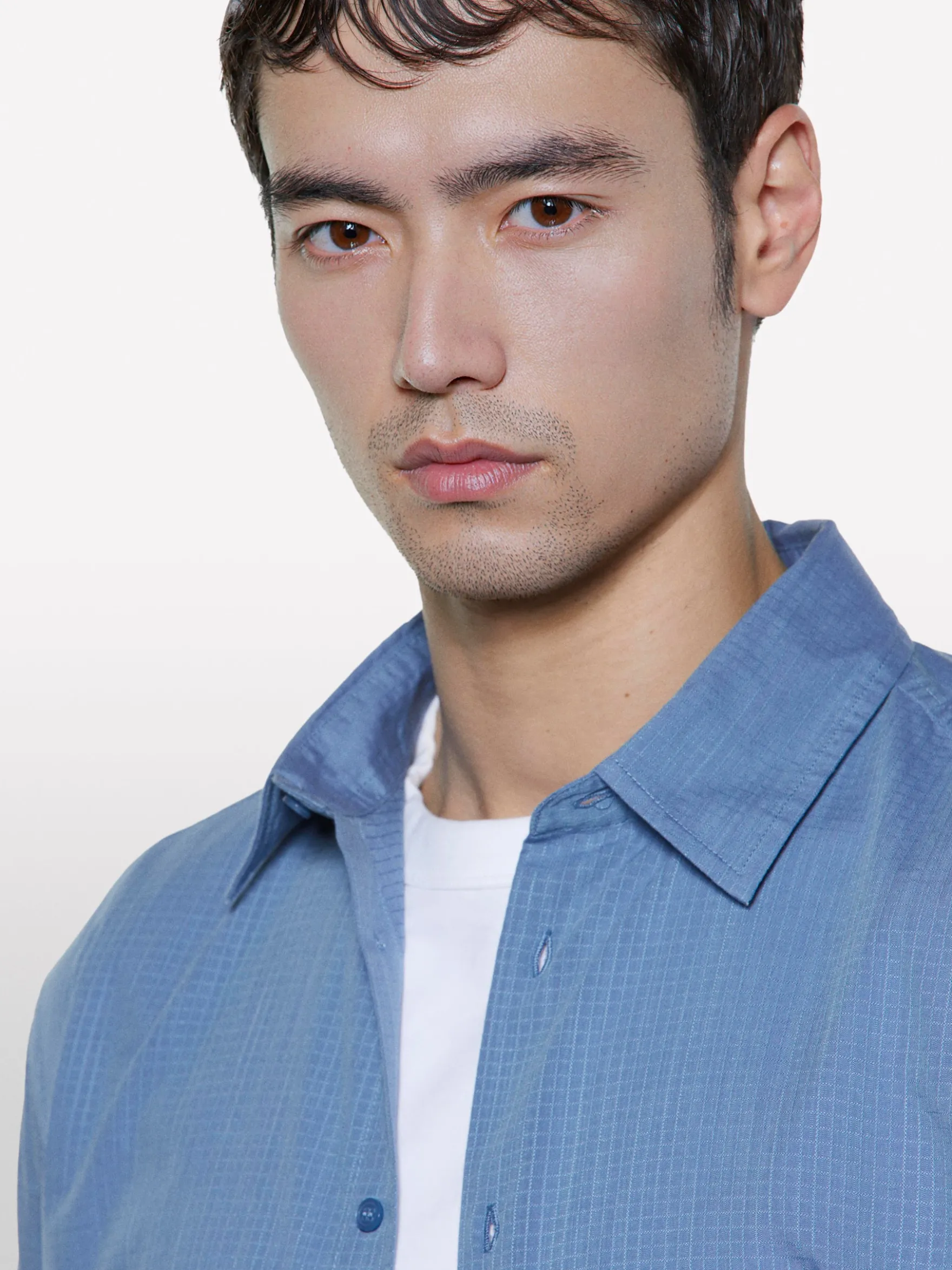 Camicia azzurra in cotone operato