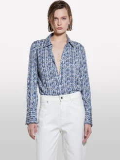 Camicia blu in satin stampato