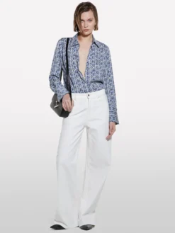 Camicia blu in satin stampato