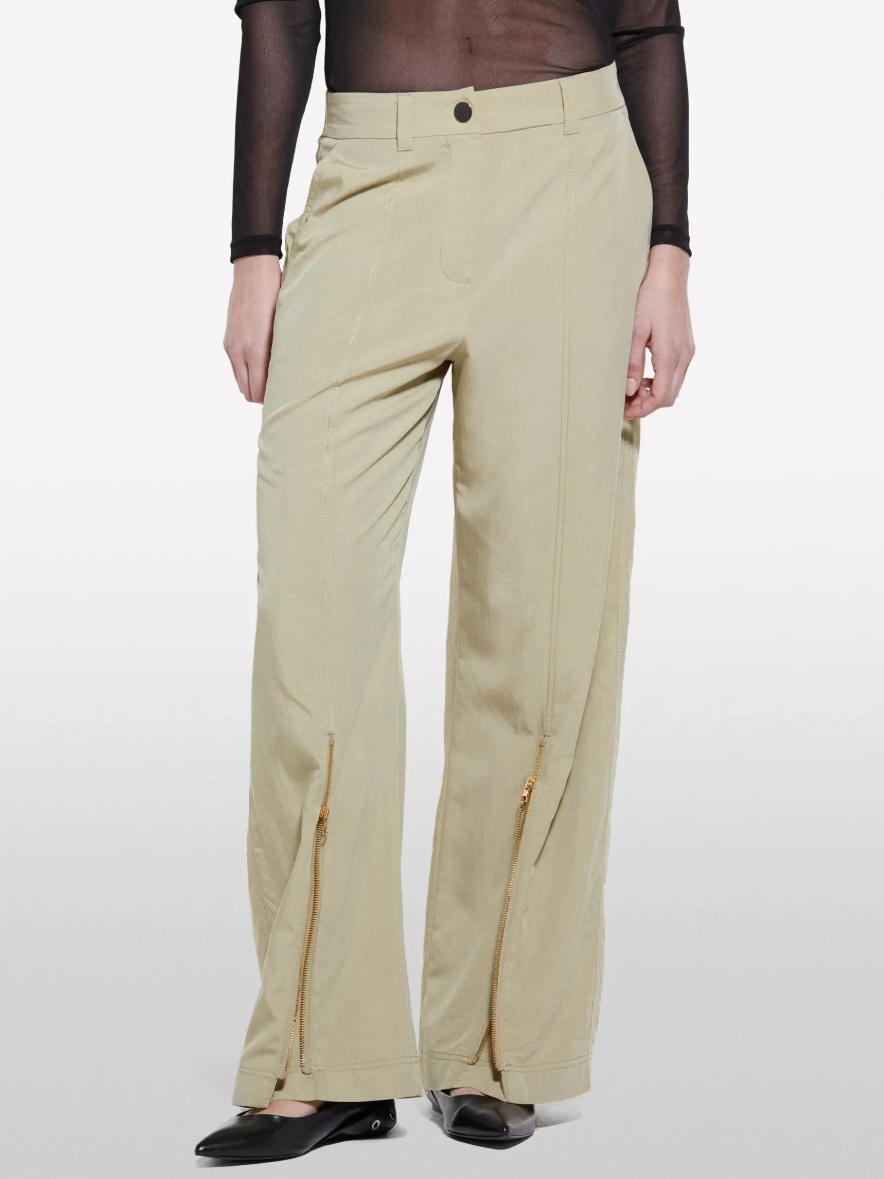 Pantaloni palazzo verde militare con cerniera